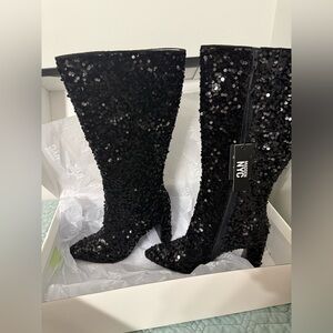 Madden NYC Women's Tall Glitter Block Heel Boots in black